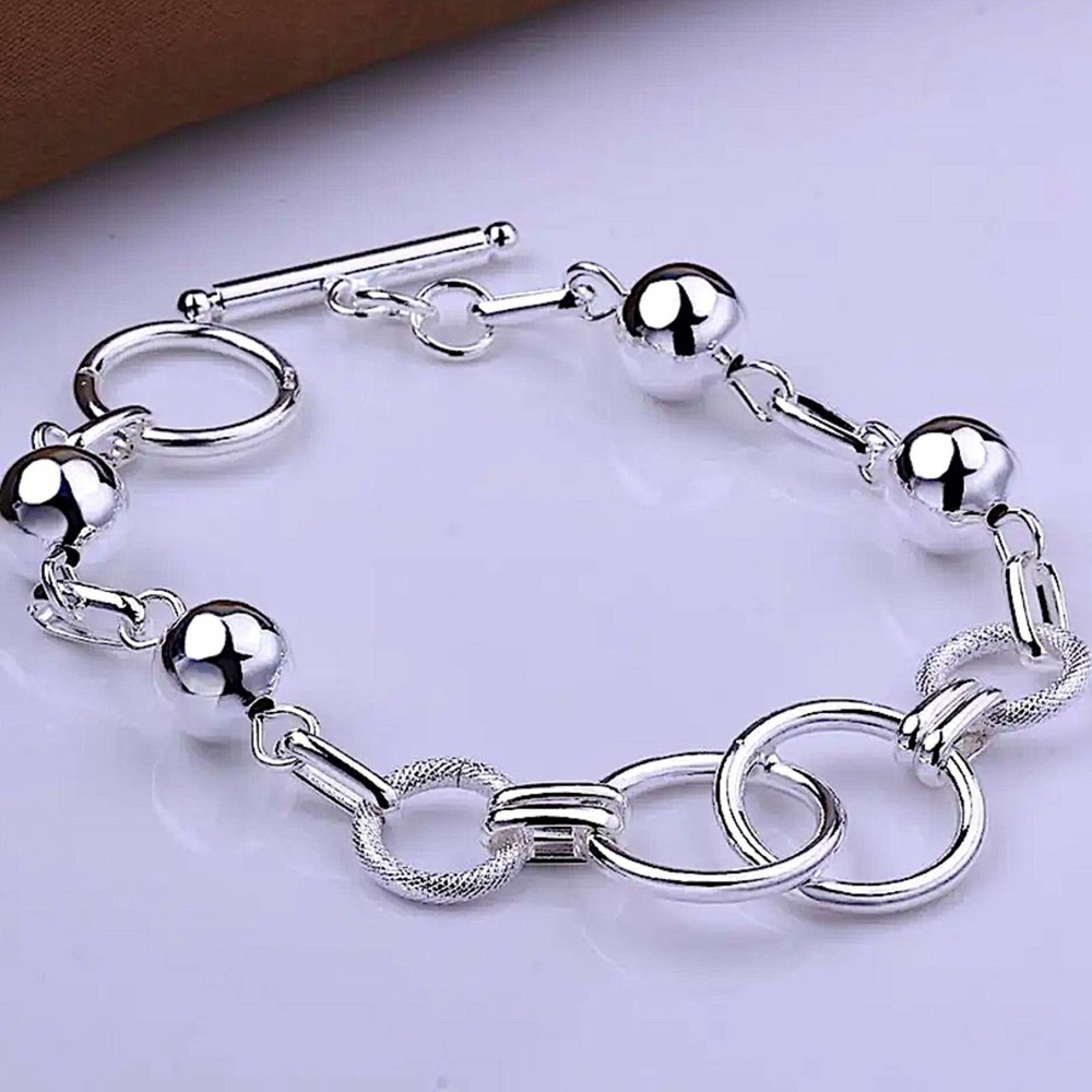 Sterling Silver O Link Beaded Ball Creative Chain Link Bracelet - Picture 5 of 7